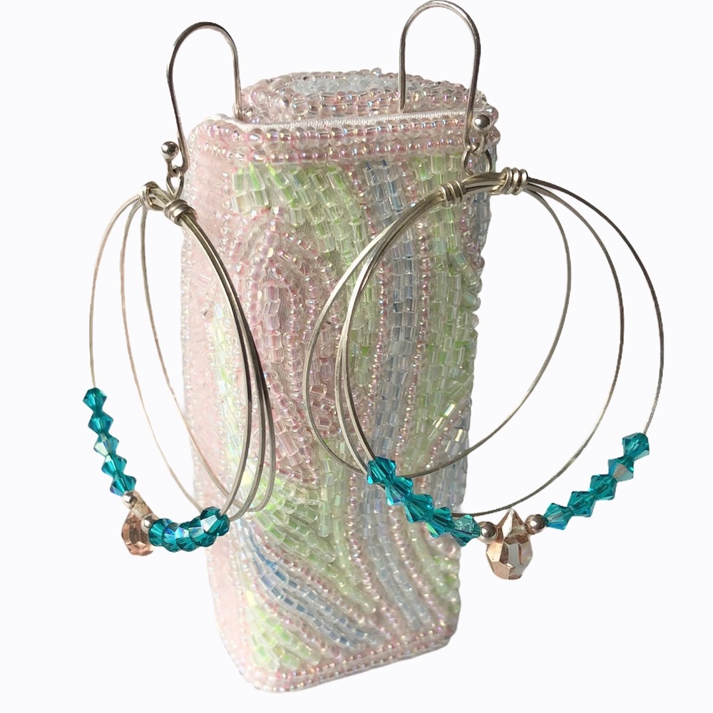 Hoop Earrings Swarovski Crystal Silver Tone Blue and Peach Crystal Beads
